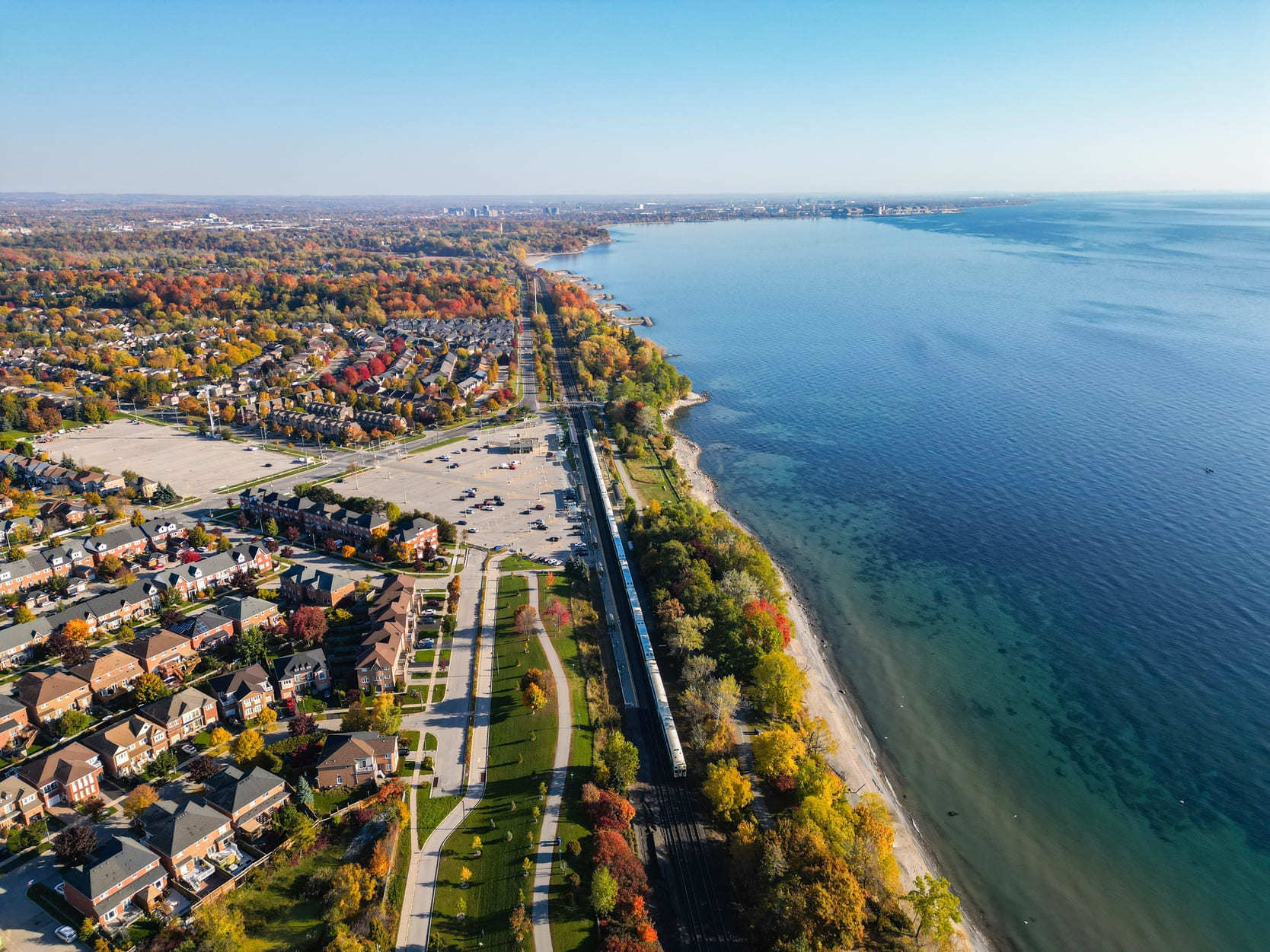 Aerial view of real estate in Port Union, Scarborough alongside Lake Ontario